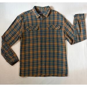 Patagonia Long Sleeve Fjord Flannel Large Brown Blue Plaid Organic Cotton